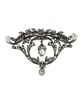 Silver, gold, diamonds and pearls brooch pendant