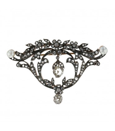 Broche pendentif or, argent, diamants, perles