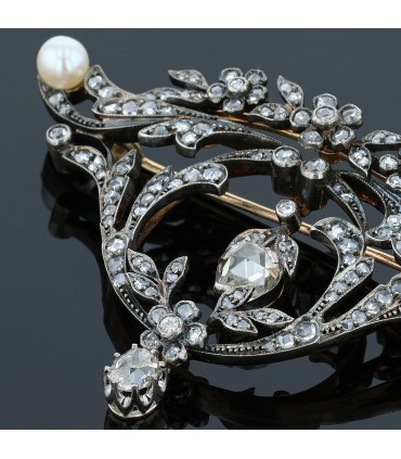 Broche pendentif or, argent, diamants, perles