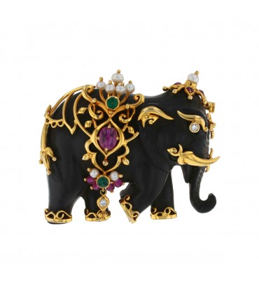 Broche Elephant en or, bois, rubis, émeraudes et diamants
