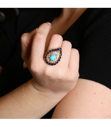 Bague or, diamants, saphirs, turquoises