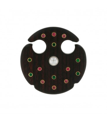 Broche bois, or, perle, pierres fines