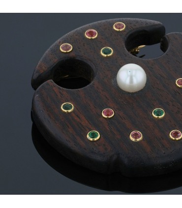 Broche bois, or, perle, pierres fines