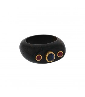 Bague bois, or, saphir, rubis