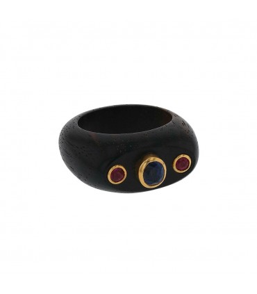 Bague bois, or, saphir, rubis