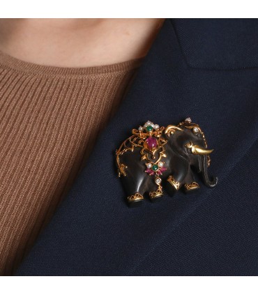Wood, diamonds, rubies, emeralds and gold brooch