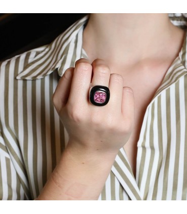 Enamel, pink stone and silver ring