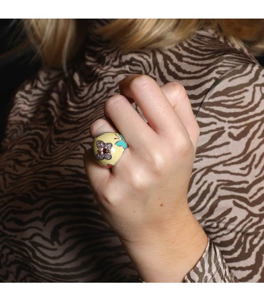 Bague argent, émail, pierres roses