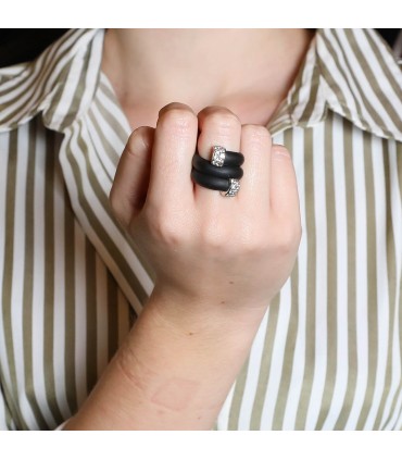 Bague argent, caoutchouc, pierres blanches