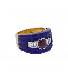Bague or, rubis, diamants, lapis lazuli
