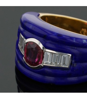 Bague or, rubis, diamants, lapis lazuli