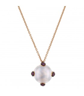 Collier or, pierre de lune, rubis