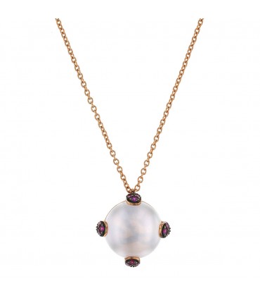 Gold, pink moonstone, rubies necklace