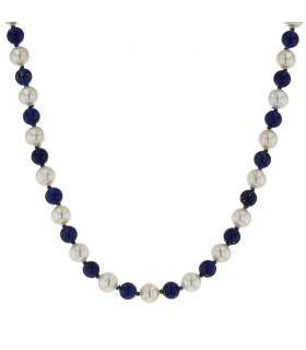 Collier or, perles de culture, lapis lazuli