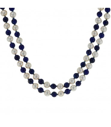 Collier or, perles de culture, lapis lazuli