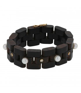 Bracelet bois, or, perles de culture, diamants