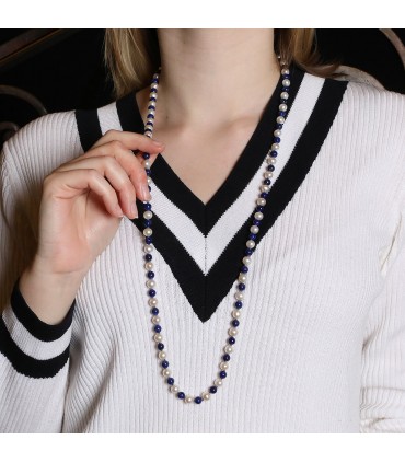 Collier or, perles de culture, lapis lazuli