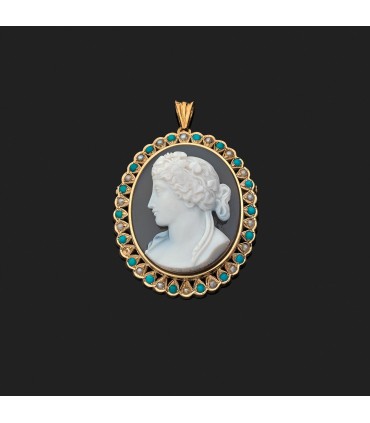 Broche pendentif or, camée et perles