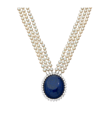 Collier or, perles, lapis lazuli et diamants