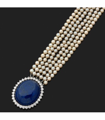 Collier or, perles, lapis lazuli et diamants