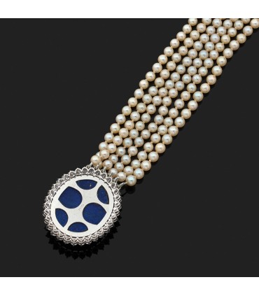 Collier or, perles, lapis lazuli et diamants