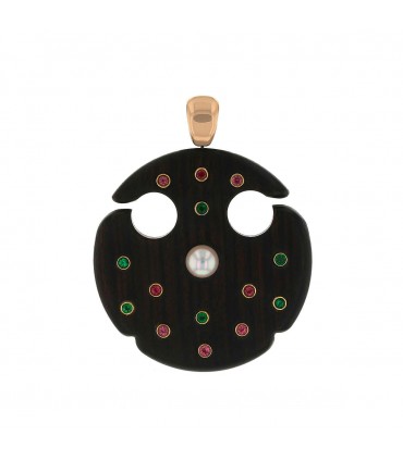 Wood, fine stones and gold pendant