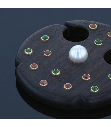 Pendentif bois, or, perle, pierres fines