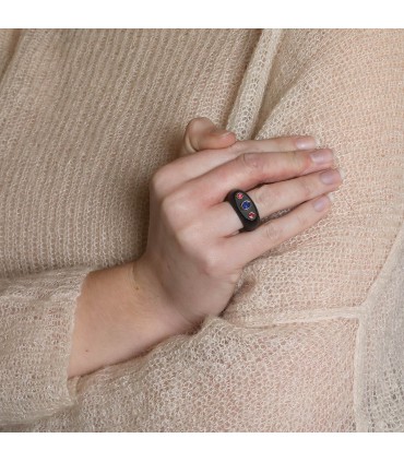 Wood, sapphires, rubies and gold ring