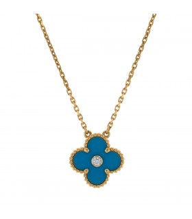 Van Cleef & Arpels Vintage Alhambra blue porcelain, diamond and gold necklace