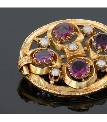 Broche or, grenats, perles