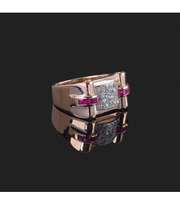 Bague Tank or, platine, diamants et pierres rouges