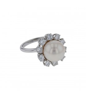 Bague or, platine, perle de culture, diamants