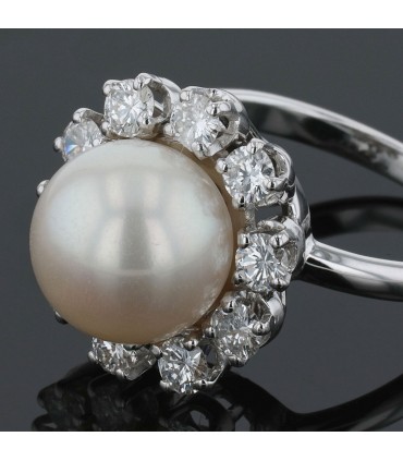 Bague or, platine, perle de culture, diamants