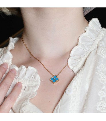 Van Cleef & Arpels Vintage Alhambra blue porcelain, diamond and gold necklace