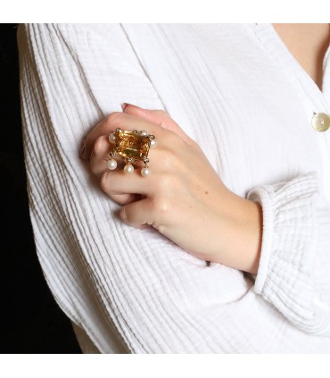 Dior citrine, cultured pearls and gold ring