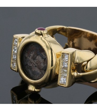 Gilles Legendre gold, antic coin, rubies and diamonds ring
