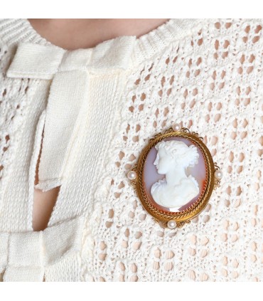 Sheel cameo, gold and cultured pearls brooch