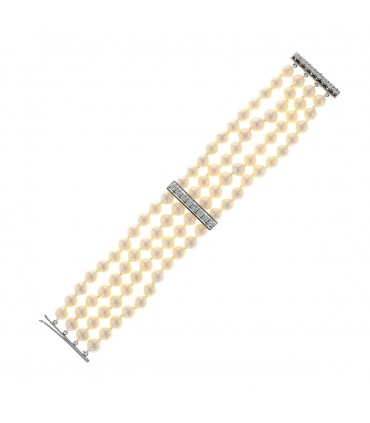 Cultured pearls, diamonds and gold bracelet