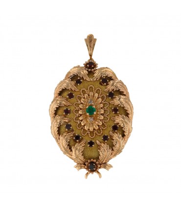 Gold, garnets, emerald and diamond brooch