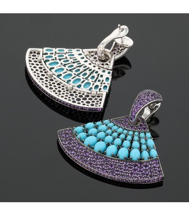 Boucles d’oreilles or, améthystes, turquoises