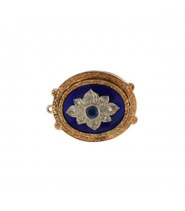 Gold, enamel, diamonds and sapphire brooch