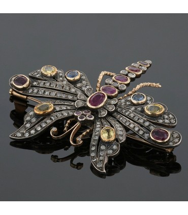 Silver, gold, rubies, sapphires and yellow zircons Butterfly brooch