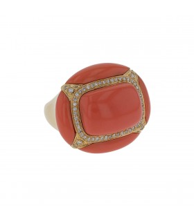 Bague or, corail reconstitué, diamants