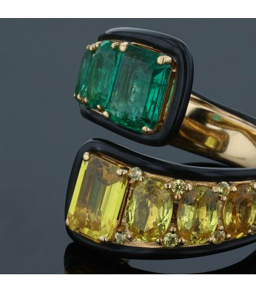 Bague or, saphirs jaunes, émeraudes
