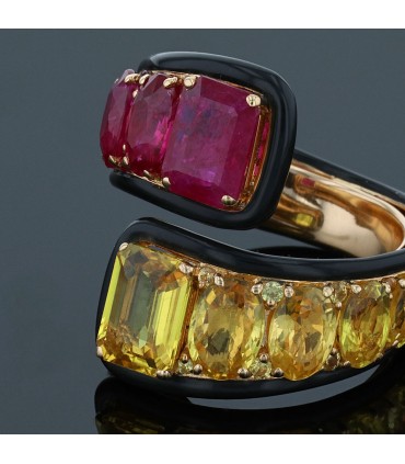 Gold, ceramic, yellow sapphires and rubies ring