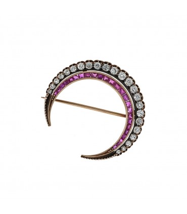 Silver, gold, rubies and diamonds brooch