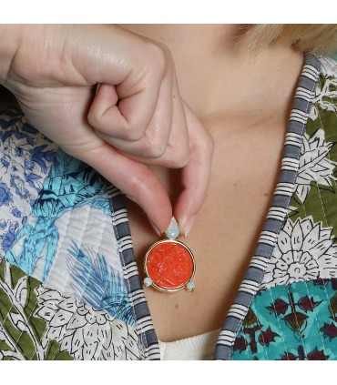 Coral cameo, opals and gold brooch