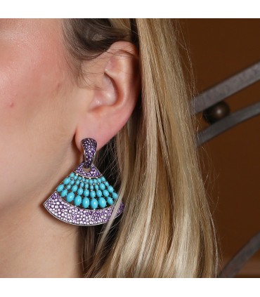 Boucles d’oreilles or, améthystes, turquoises