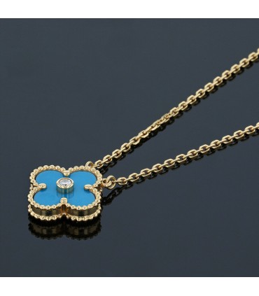 Van Cleef & Arpels Vintage Alhambra blue porcelain, diamond and gold necklace