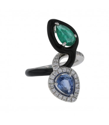 Diamonds, emerald, sapphire, ceramic and gold ring